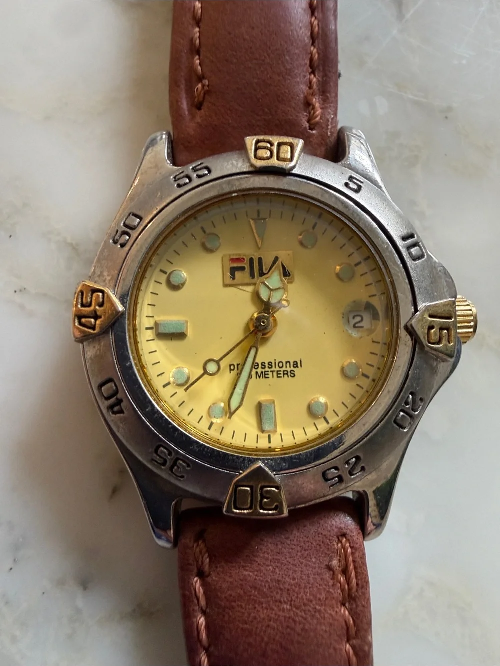 Vintage FILA Professional Meters Brown Leather Watch Gold Dial Needs Battery